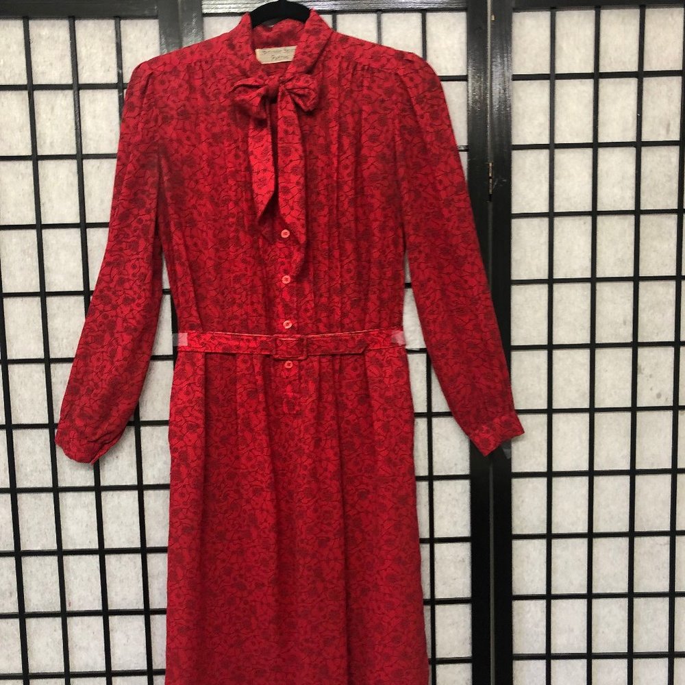 Vintage Red Black Dress Medium Thin Sheer belted neck Tie pockets Schrader B1